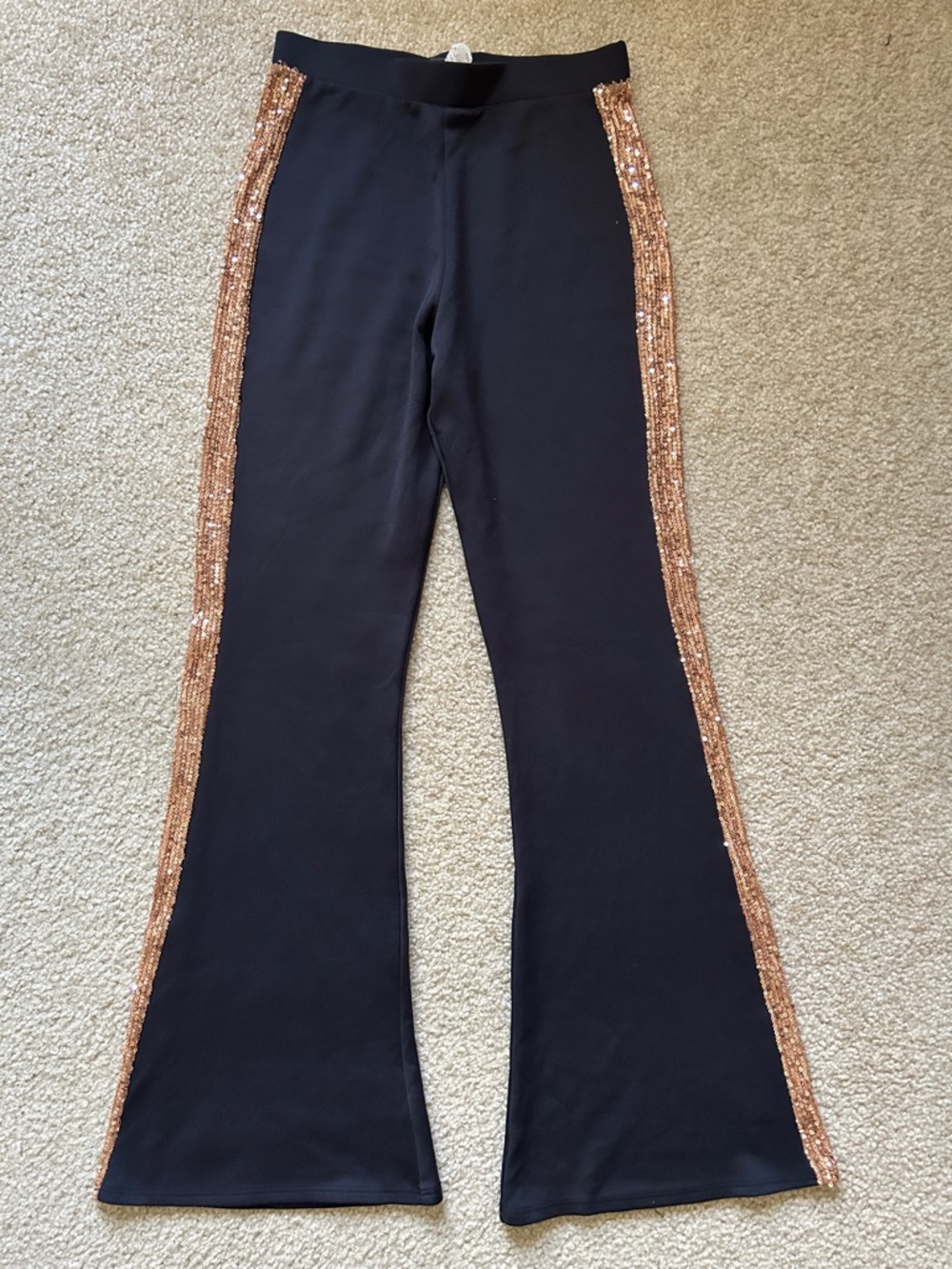 Black Flare Pants with Rose Gold Sequin Side Stripe Small